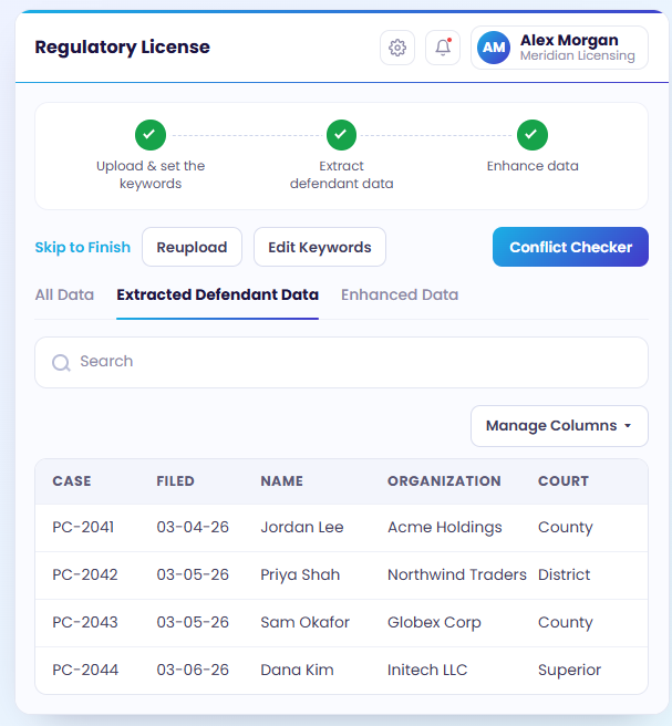 Automated legal intake screen showing extracted defendant data