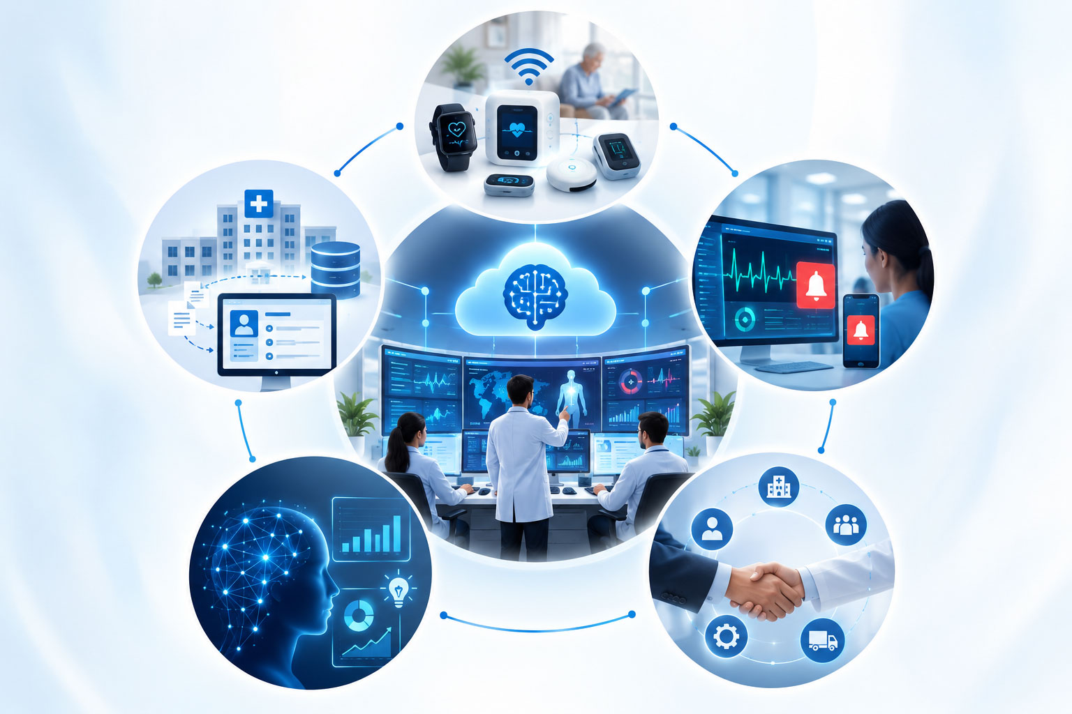 Solution architecture, a GCC with IoT and AI connecting devices, EHRs, and care teams