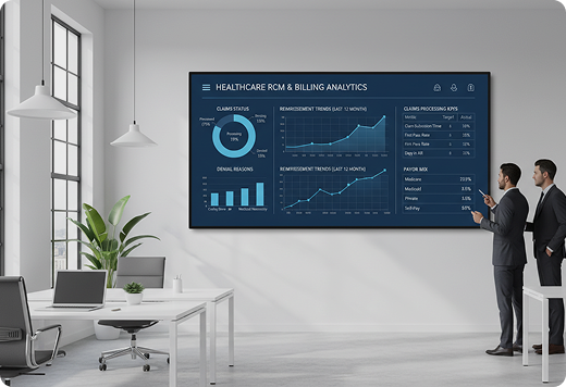 Healthcare RCM and billing analytics dashboard on office screen