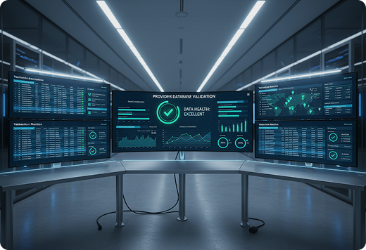 Provider database validation dashboard across multiple screens
